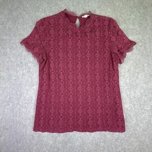 Esprit Lace Mock Neck Short Sleeve Blouse Berry Red Womens M